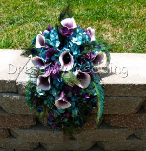 Teal and plum cascading bouquet with peacock feathers - Image 2