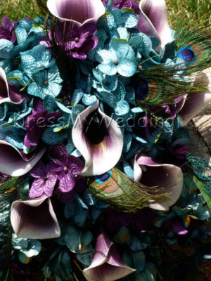 Teal cascading bouquet with plum picasso calla lilies, teal, plum purple, hydrangea bouquet - Image 4