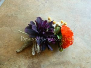 Purple, tangerine, orange corsage, boutonniere, button hole, eggplant purple, rustic country style, daisy, garden mum, burlap, jute - Image 2