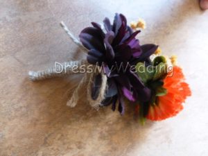 Purple, tangerine, orange corsage, boutonniere, button hole, eggplant purple, rustic country style, daisy, garden mum, burlap, jute - Image 3