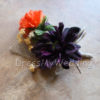 Purple, tangerine, orange corsage, boutonniere, button hole, eggplant purple, rustic country style, daisy, garden mum, burlap, jute