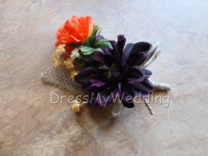 Purple, tangerine, orange corsage, boutonniere, button hole, eggplant purple, rustic country style, daisy, garden mum, burlap, jute