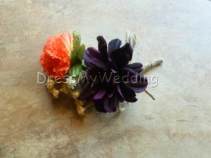 Purple, tangerine, orange corsage, boutonniere, button hole, eggplant purple, rustic country style, daisy, garden mum, burlap, jute - Image 4