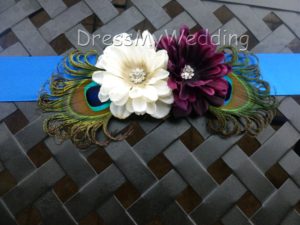 Daisy sash pin, dark purple daisy cream daisy with peacock feathers, rhinestone accent piece, dress sash - Image 2