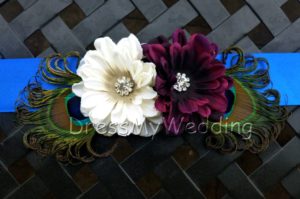 Daisy sash pin, dark purple daisy cream daisy with peacock feathers, rhinestone accent piece, dress sash