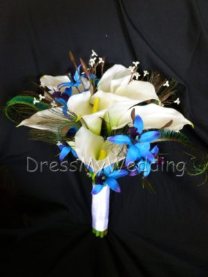 Real touch calla lily galaxy orchid bouquet with peacock feathers, purple blue orchids, calla lily bouquet