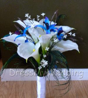 Real touch calla lily galaxy orchid bouquet with peacock feathers, purple blue orchids, calla lily bouquet - Image 2