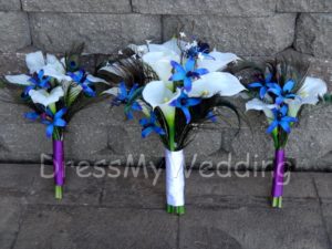 Real touch calla lily galaxy orchid bouquet with peacock feathers, purple blue orchids, calla lily bouquet - Image 5