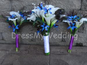Real touch calla lily galaxy orchid bouquet with peacock feathers, purple blue orchids, calla lily bouquet - Image 3