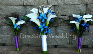 Real touch calla lily galaxy orchid bouquet with peacock feathers, purple blue orchids, calla lily bouquet - Image 4