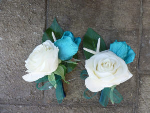 Real touch rose corsage, turquoise/teal white rose corsage with starfish