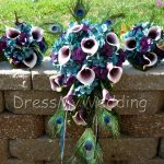 Teal cascading bouquet with plum picasso calla lilies, teal, plum purple, hydrangea bouquet