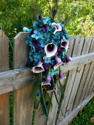Teal cascading bouquet with plum picasso calla lilies, teal, plum purple, hydrangea bouquet - Image 2