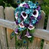 Teal cascading bouquet with plum picasso calla lilies, teal, plum purple, hydrangea bouquet - Image 3
