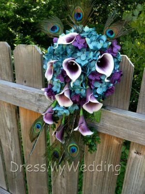 Teal cascading bouquet with plum picasso calla lilies, teal, plum purple, hydrangea bouquet - Image 3