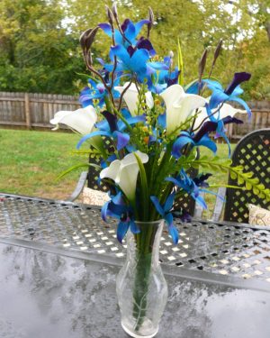 Purple blue orchid calla lily wedding center piece, bouquet, decoration, galaxy orchid, real touch callas