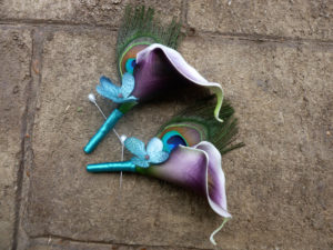 Picasso calla lily peacock boutonniere with hydrangea accent,  customizable