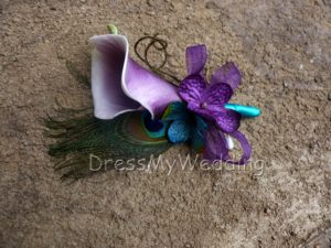 Picasso calla lily peacock corsage, boutonniere with hydrangea accent,  customizable