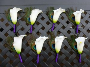Calla lily peacock boutonniere, real touch artificial flower, peacock feather boutonniere, button hole - Image 2