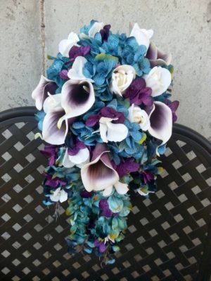 Teal and plum cascading bouquet