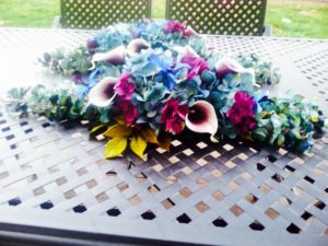 Wedding table center piece, alter decor, teal hydrangea Picasso callas, center piece