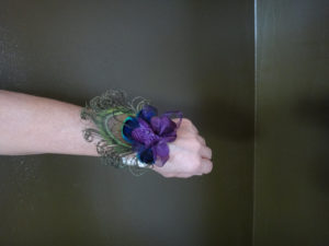 Peacock pearl wrist corsage, plum purple wrist corsage, eggplant purple hydrangea pearl corsage - Image 2
