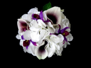 White hydrangea plum picasso calla lily small bridesmaids bouquet, plum orchids