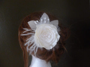 Bridal flower hair clip, with freshwater pearls and feathers