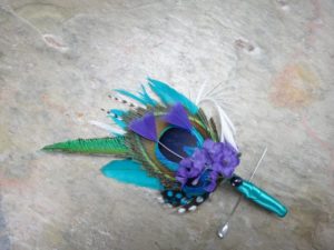 Peacock  feather corsage, teal purple feather corsage
