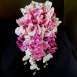Tiger lily fuchsia orchid cascading bouquet, teardrop bouquet, orchid and lily bouquet