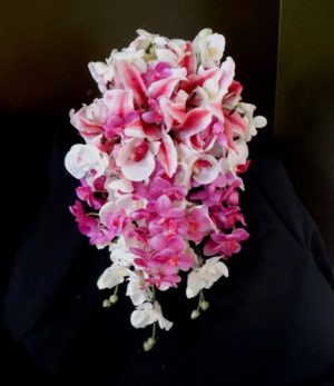Tiger lily fuchsia orchid cascading bouquet, teardrop bouquet, orchid and lily bouquet