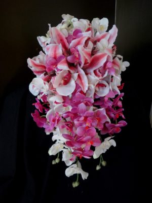 Tiger lily fuchsia orchid cascading bouquet, teardrop bouquet, orchid and lily bouquet - Image 3