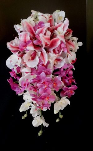 Tiger lily fuchsia orchid cascading bouquet, teardrop bouquet, orchid and lily bouquet - Image 4
