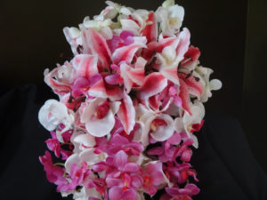 Tiger lily fuchsia orchid cascading bouquet, teardrop bouquet, orchid and lily bouquet - Image 5