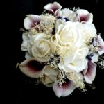 Real touch rose, picasso calla lily,  plum purple and white bridal bouquet, true touch flowers