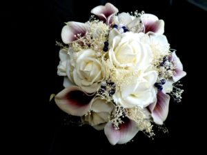 Real touch rose, picasso calla lily,  plum purple and white bridal bouquet, true touch flowers