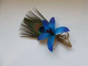 Purple blue orchid peacock boutonniere, dendrobium orchid boutonniere, button hole, galaxy orchid