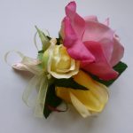 Rose corsage, pink real touch and yellow silk rose corsage