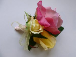 Rose corsage, pink real touch and yellow silk rose corsage