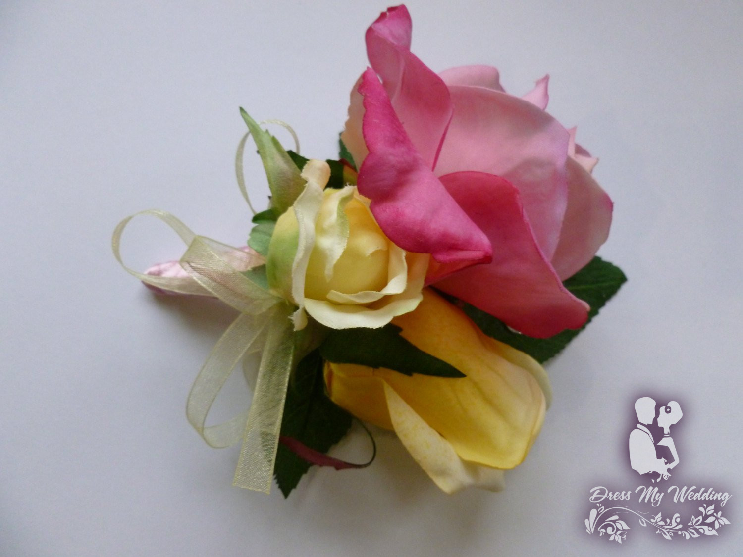 Dress My Wedding – Rose corsage, pink real touch and yellow silk rose ... White And Baby Blue Corsage