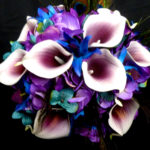 Purple hydrangea picasso calla lily bridal bouquet with galaxy orchids, dendrobium orchids, purple blue orchids.