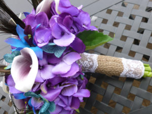 Ivory, turquoise and plum bouquet with peacock feathers - Image 5