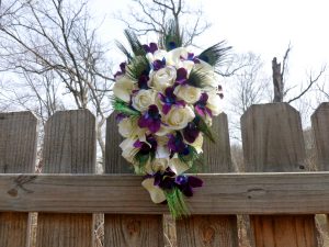 Silk rose and galaxy orchid bridal bouquet with peacock feathers - Image 4