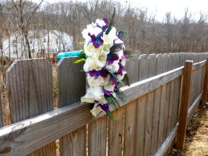 Silk rose and galaxy orchid bridal bouquet with peacock feathers - Image 2