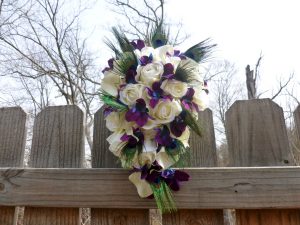 Silk rose and galaxy orchid bridal bouquet with peacock feathers - Image 3