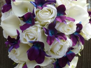 Silk rose and galaxy orchid bridal bouquet with peacock feathers - Image 5