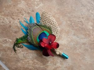 Peacock  boutonniere, burlap rustic country,customizable