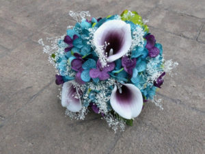 Teal plum hydrangeas, picasso calla lily small bridesmaids bouquet