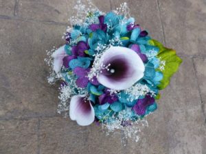 Teal plum hydrangeas, picasso calla lily small bridesmaids bouquet - Image 3