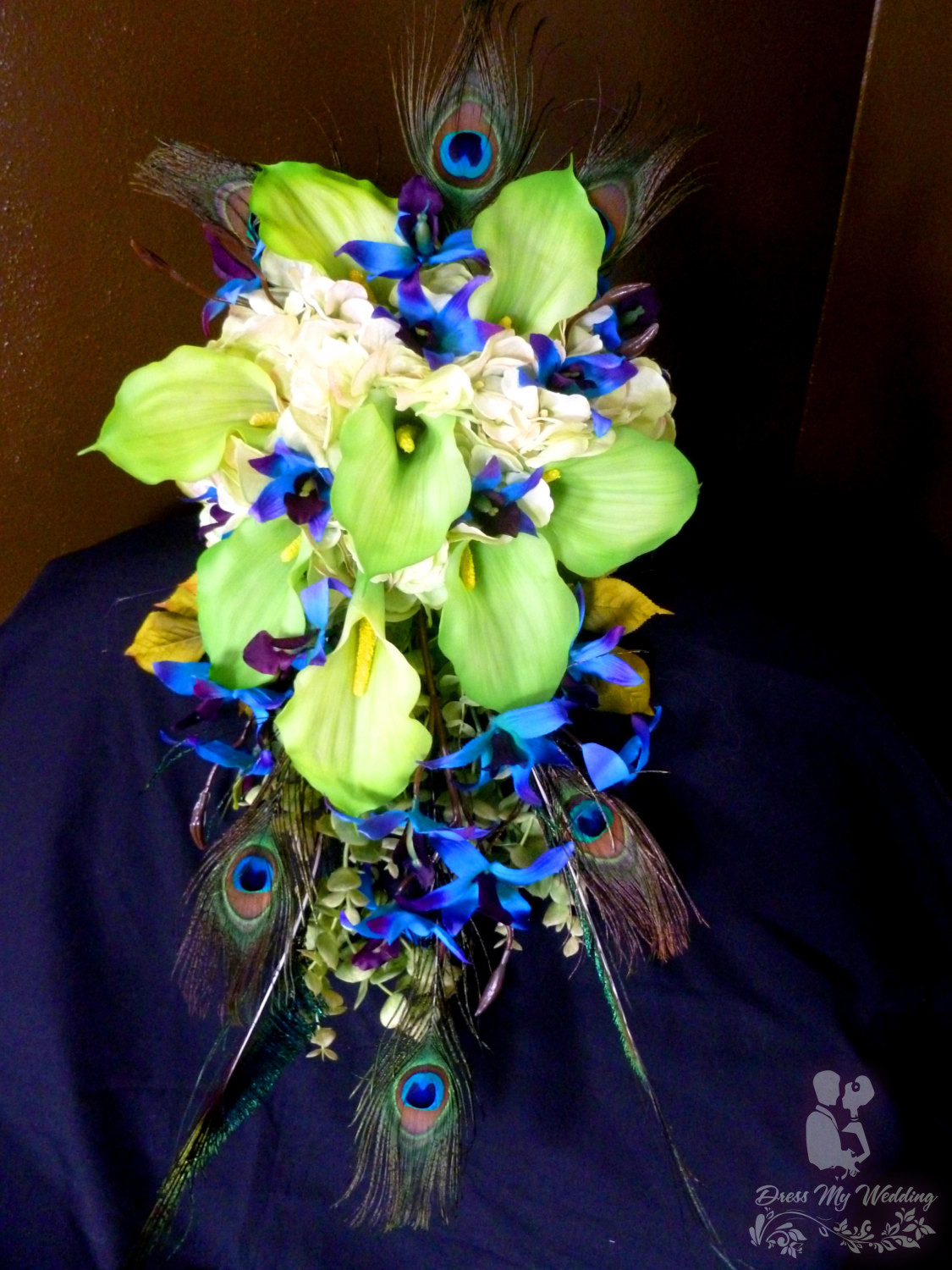 Dress My Wedding Purple Blue Orchid Bouquet Hydrangeas Lime Calla Lilies Peacock Feather